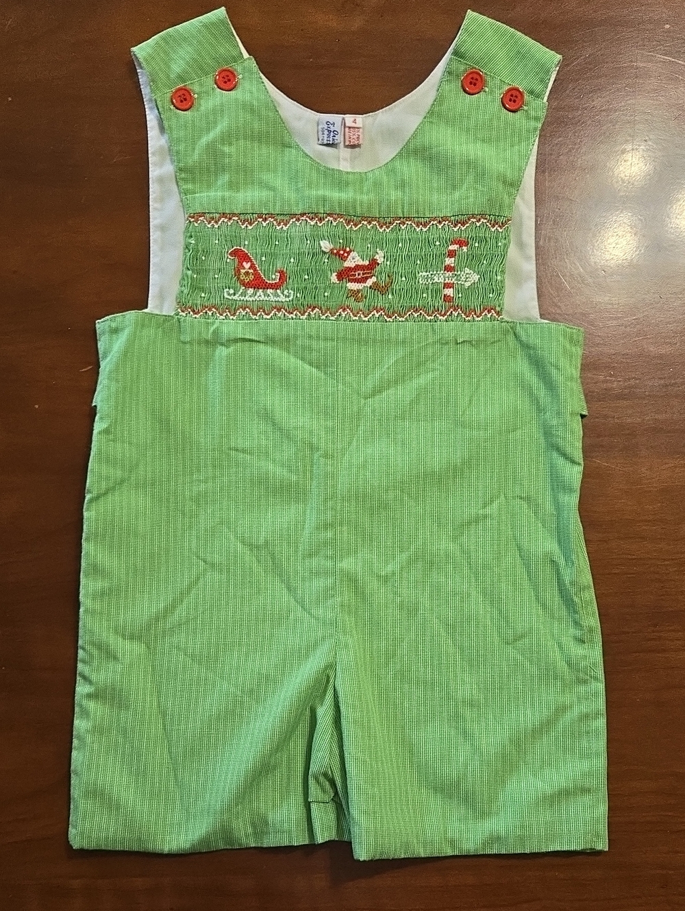 Orient Expressed Green Smocked Holiday Jon Jon with Red Accents Santa Sleigh Sz4
